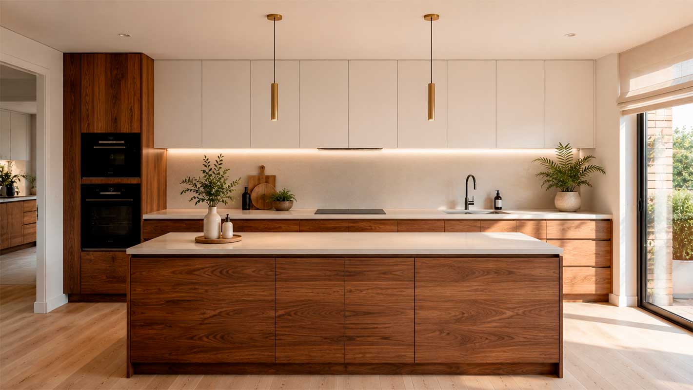 cocina-con-muebles-bajos-de-madera-y-altos-blancos