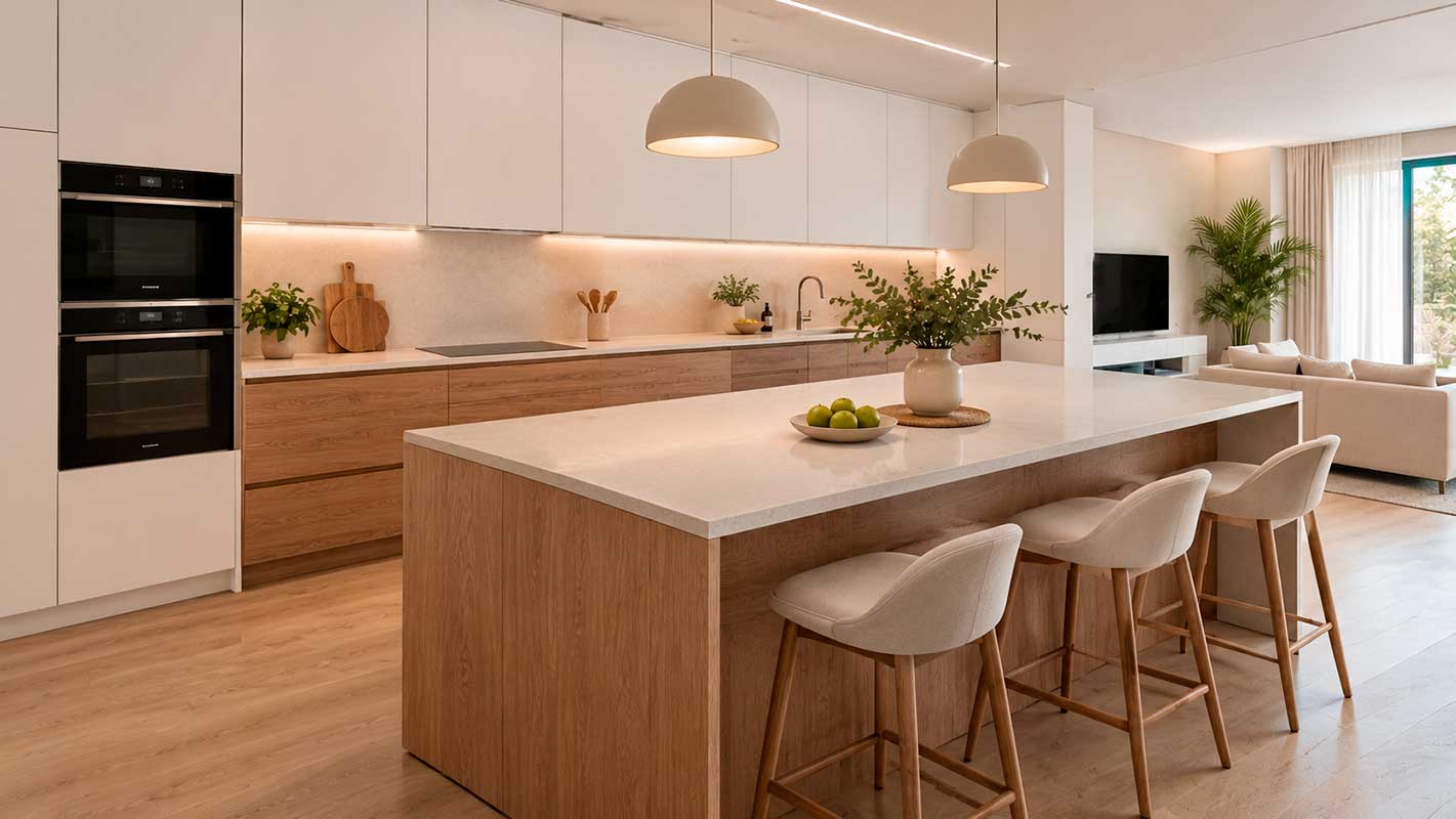 proyecto de cocina blanca y madera de Santos Sabadell